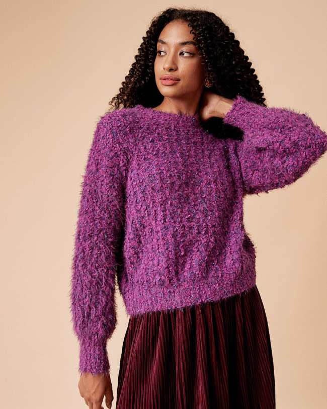 The Purple Round Neck Lantern Sleeve Textured Sweater