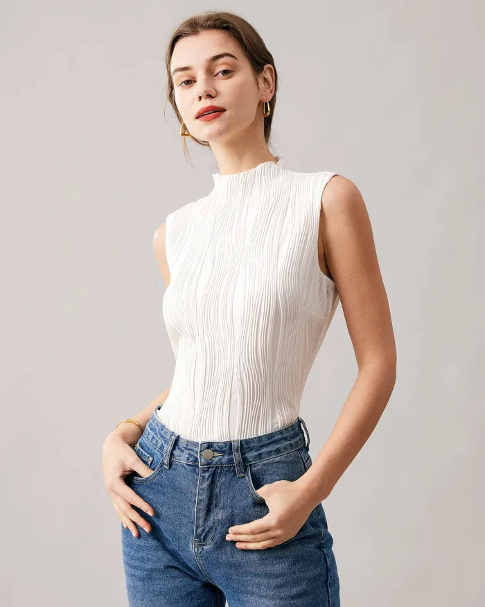 The White Mock Neck Water Ripple Textured Tank Top