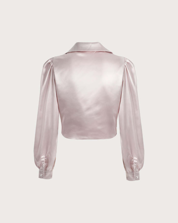 The Pink V Neck Twisted Long Sleeve Satin Blouse