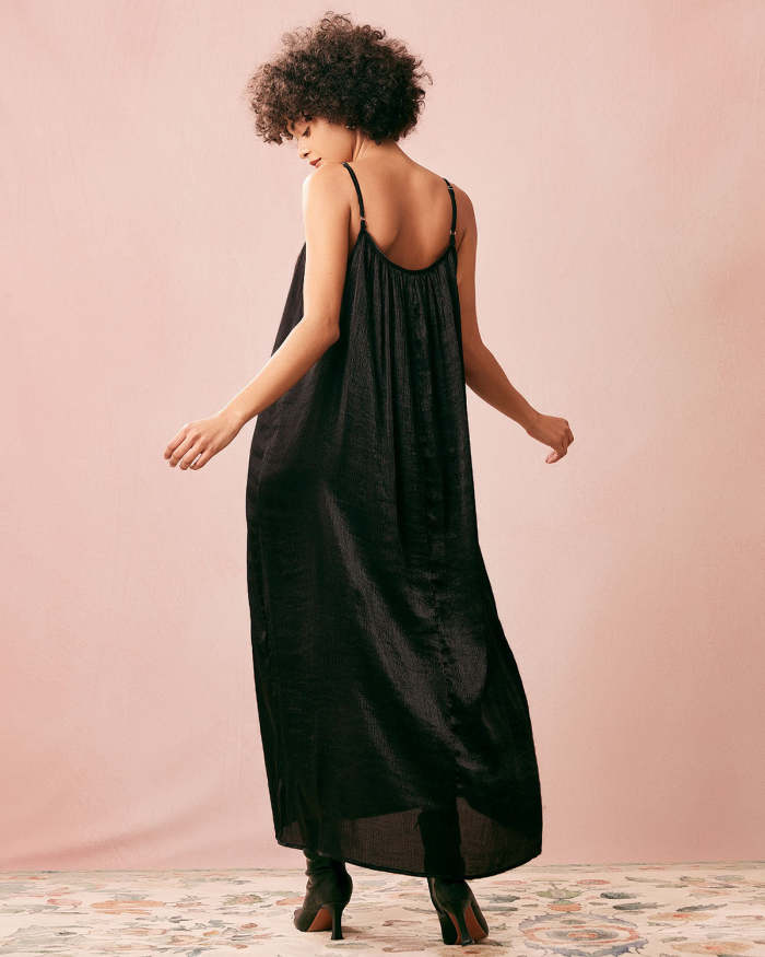 The Black Draped Slip Midi Dress