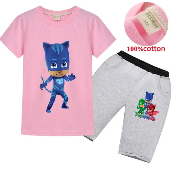 Pj M Catboy Print Girls Boys Multi-Color Cotton T Shirt Shorts Outfits