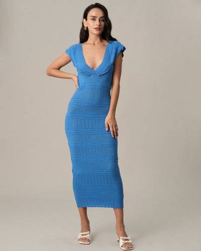 The Blue Ruffle Bodycon Knit Midi Dress