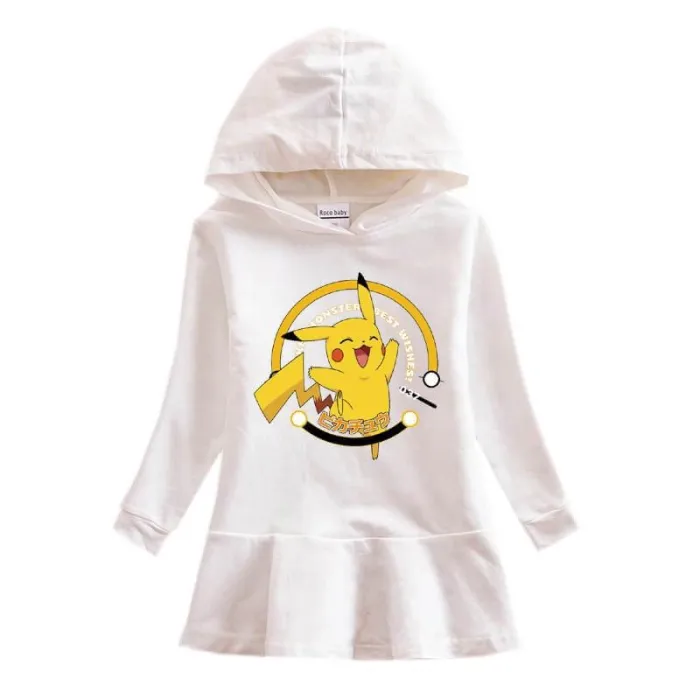Cute Pikachu Print Girls Long Sleeve Hooded Frill Hem Sweatshirt Dress