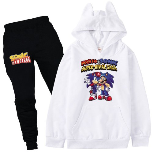 Mario Sonic Super Rival Saga Print Girls Boys Cotton Hoodie Sport Suit