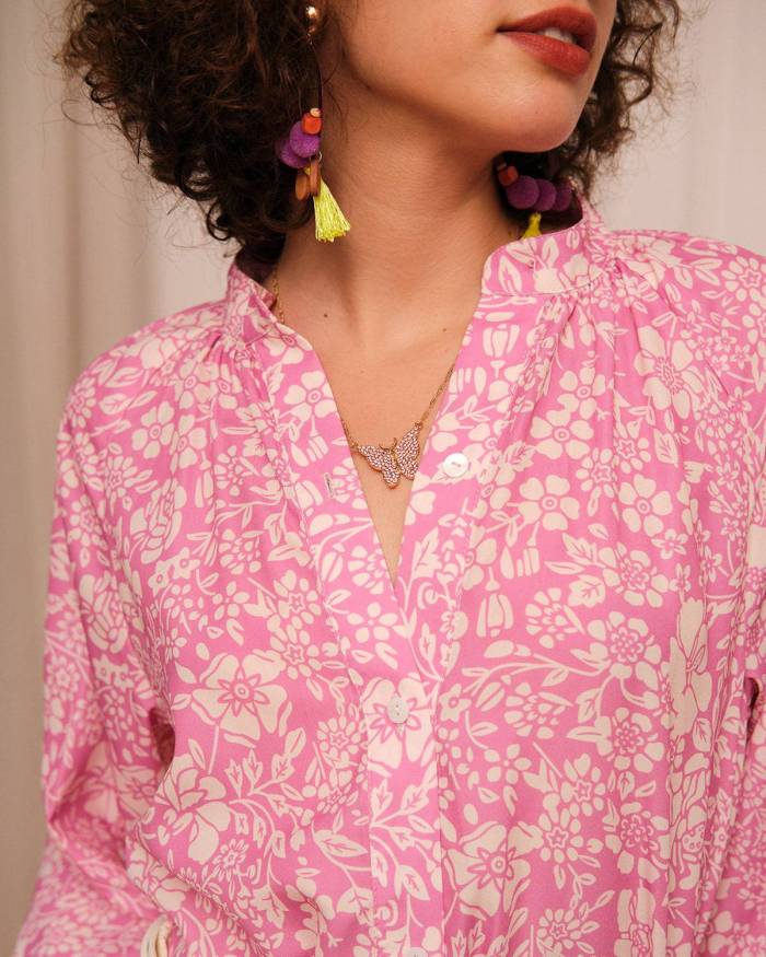 The Button-Up Mock Neck Floral Blouse