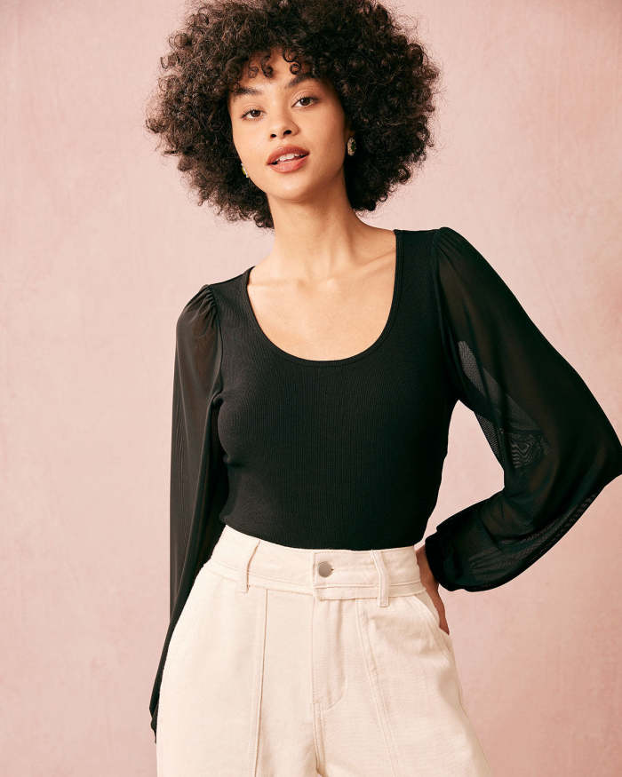 The Black Round Neck Sheer Lantern Sleeve Blouse