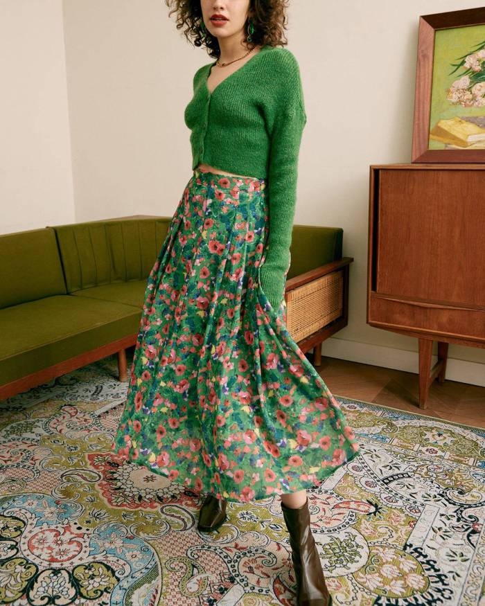 The Green Pleated Floral Skirt