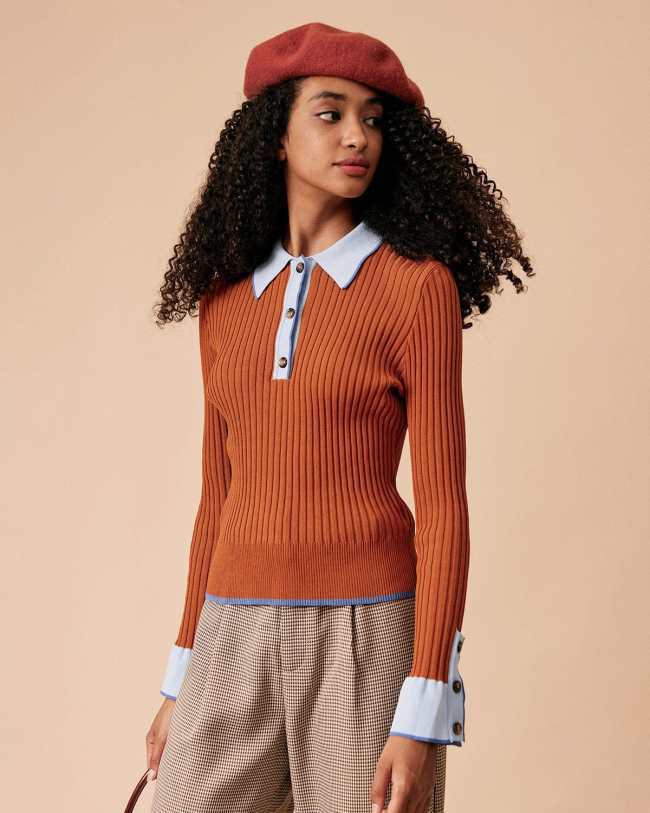 The Contrast Collared Ribbed Knit Top