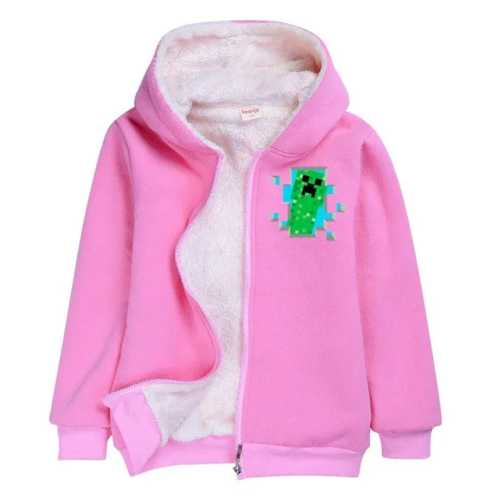 Minecraft Print Girls Pink Zip Up Fleece Lined Winter Cotton Hoodie