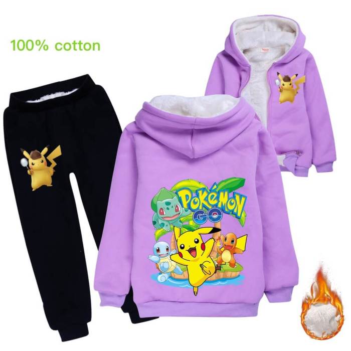 Pikachu Print Girls Boys Fleece Lined Cotton Hoodie N Sweatpants Suit