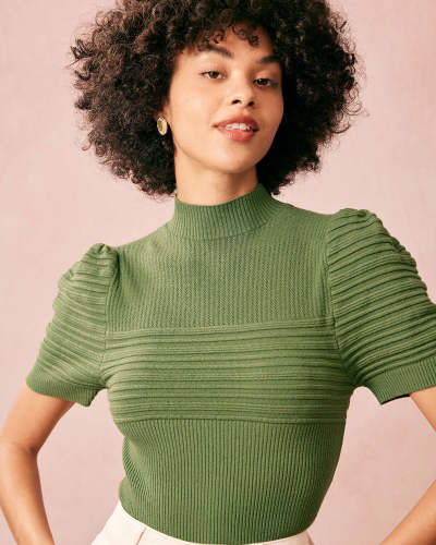 The Green Mock Neck Short Sleeve Sweater