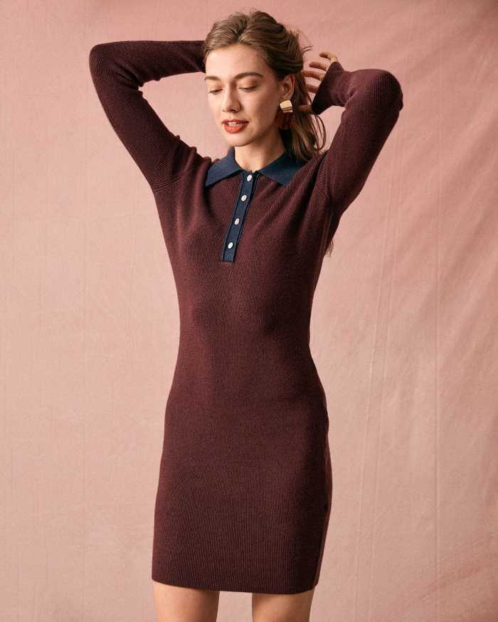 The Lapel Contrast Long Sleeve Sweater Dress