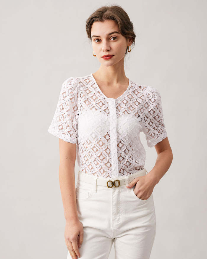 US$ 23.00 - The White Lace Puff Sleeve Blouse - www.spiritcos.com