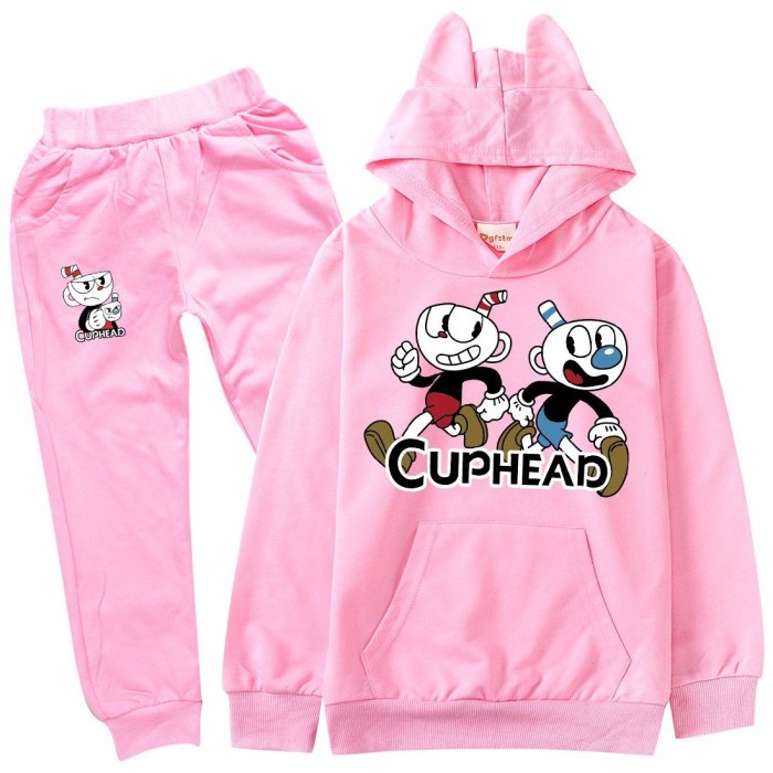 Cuphead Print Girls Boys Cotton Hoodie And Sweatpants Set Long Outfit