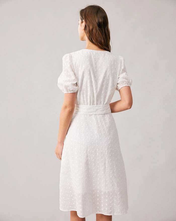 The White V Neck Puff Sleeve Midi Dress