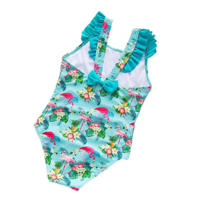 Girls Tropical Palm Flamingo Print Ruffle Shoulder One Piece Swimsuit