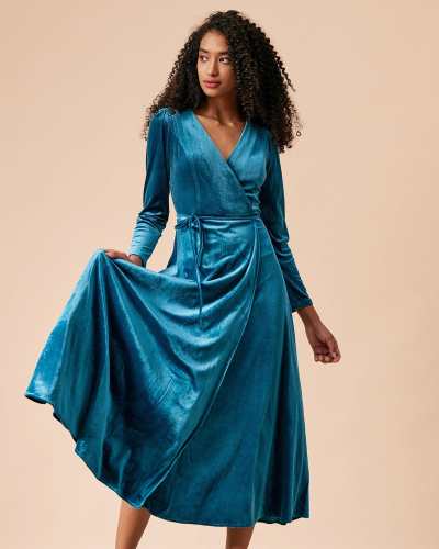 The Blue V Neck Long Sleeve Velvet Wrap Dress
