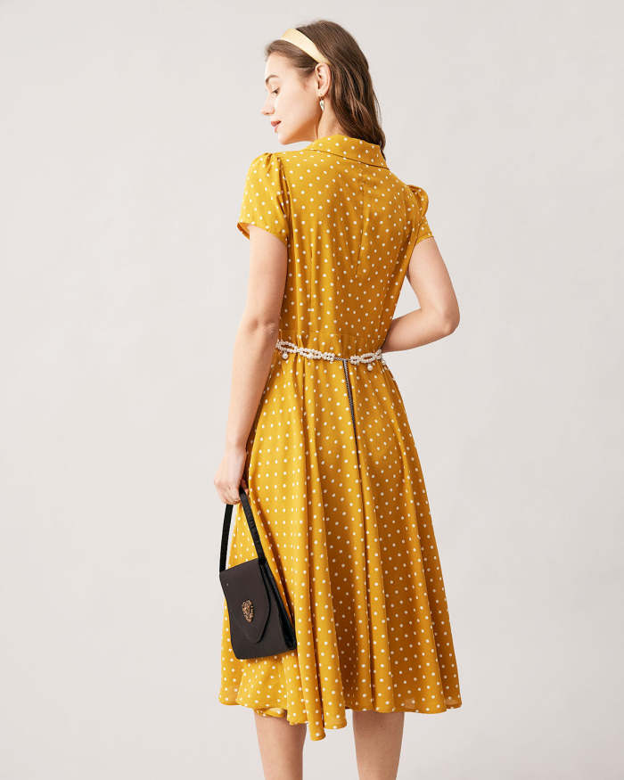 The Yellow V Neck Polka Dot Short Sleeve Midi Dress