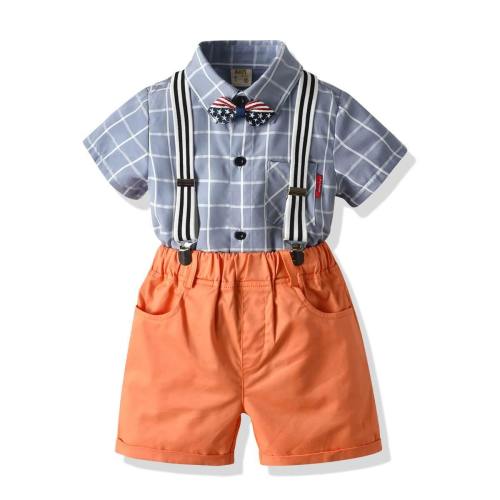 Baby Boys Light Blue Shirt With Bowtie Suspender Shorts 4-Set Suits