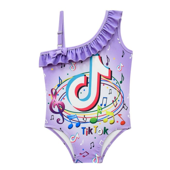 Girls Pink Tiktok Music Print One Piece Ruffle Shoulder Bathing Suit