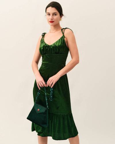 The Velvet Ruched Tie Strap Midi Dress