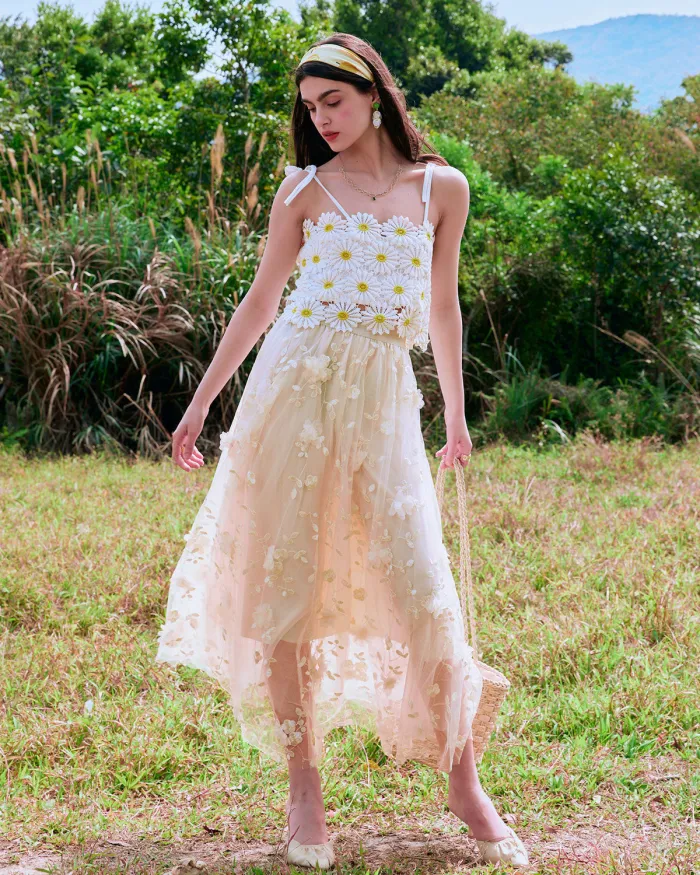 The White Floral Tie Shoulder Crochet Cami Top