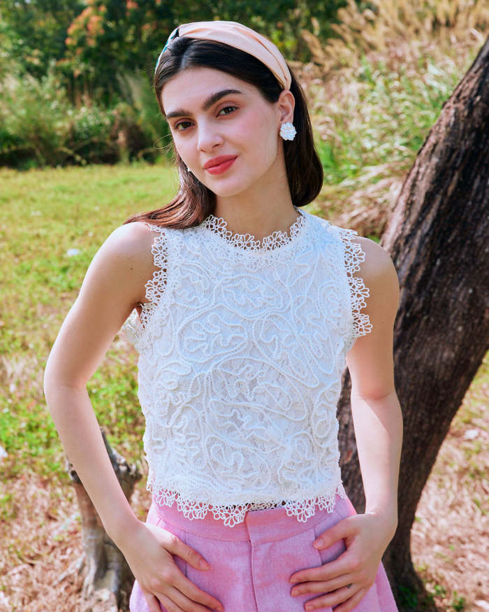 The White Lace Textured Sleeveless Crop Tank Top