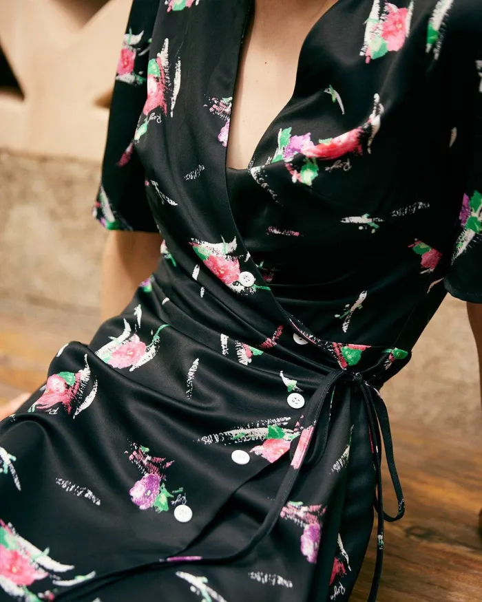 The V Neck Floral Wrap Midi Dress