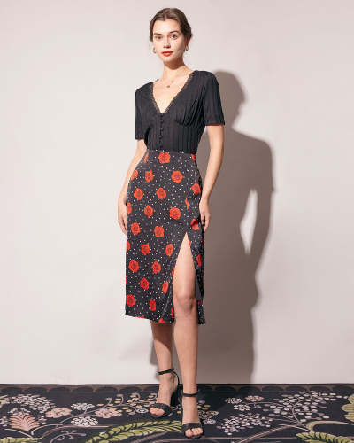 The High Waisted Floral Slit Midi Skirt