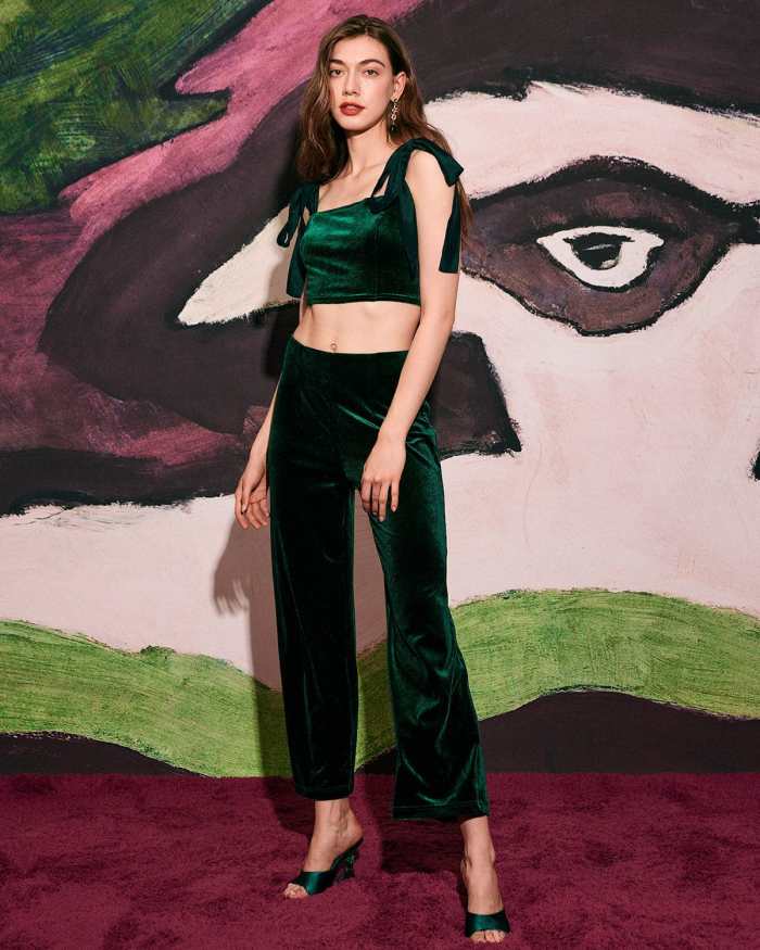 The Green High Waisted Velvet Straight Pants