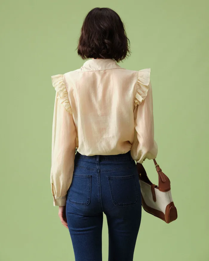 The Beige Lapel Tie Front Long Sleeve Blouse