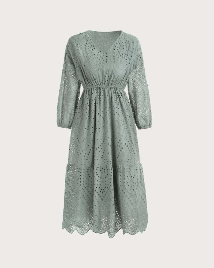 The Green V Neck Eyelet Long Sleeve Midi Dress