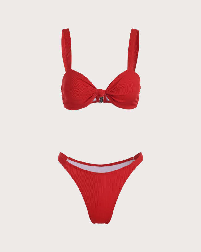 The Red Twist Front Ribbed Bikini Set
