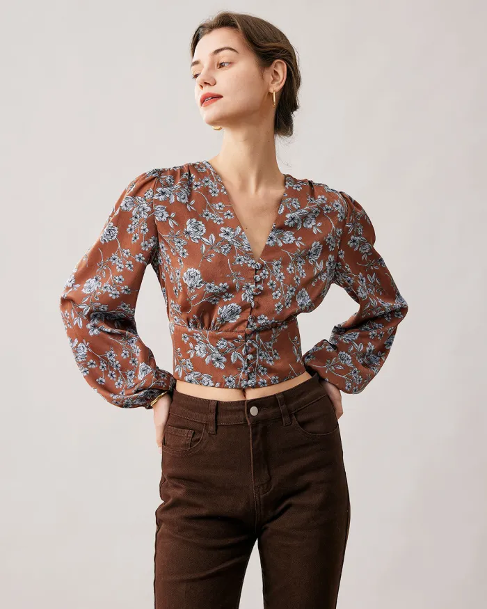 The V Neck Floral Lantern Sleeve Satin Blouse