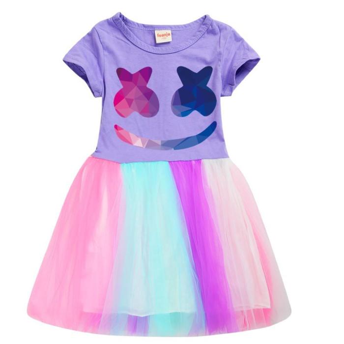 3-9 Years Girls Pink Dj Marshmello Short Sleeve Rainbow Tulle Dress