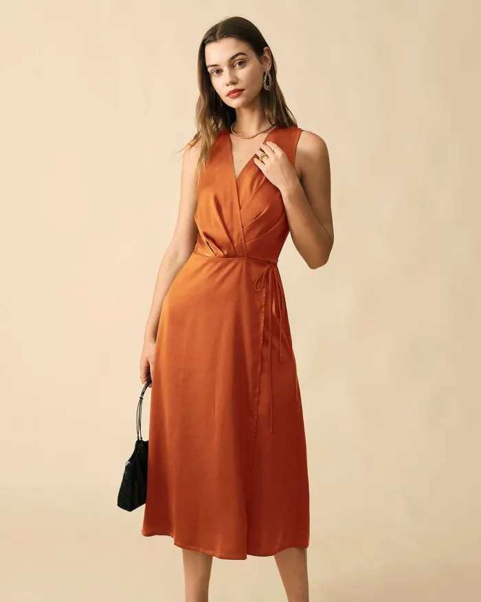 The Solid Sleeveless Wrap Midi Dress
