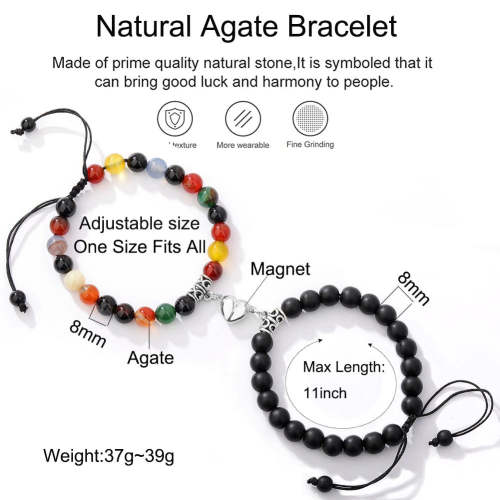 2Pcs/Set Natural Stone Magnetic Heart  Bead Bracelet For Friendship Couples