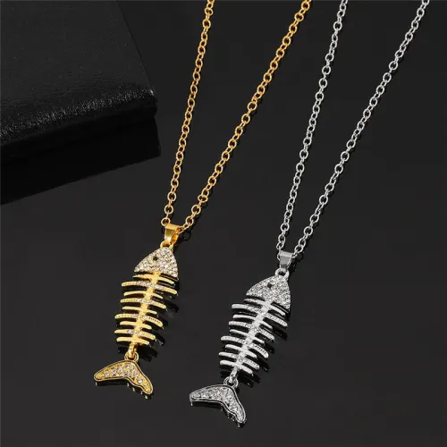 2Pcs/Set Fish Bone With Crystal Pendant Necklaces
