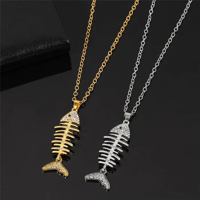 2Pcs/Set Fish Bone With Crystal Pendant Necklaces