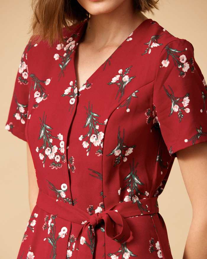 The V Neck Knotted Floral Midi Dress