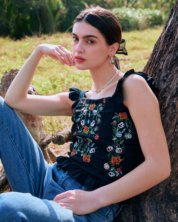 The Square Neck Floral Embroidered Tank Top