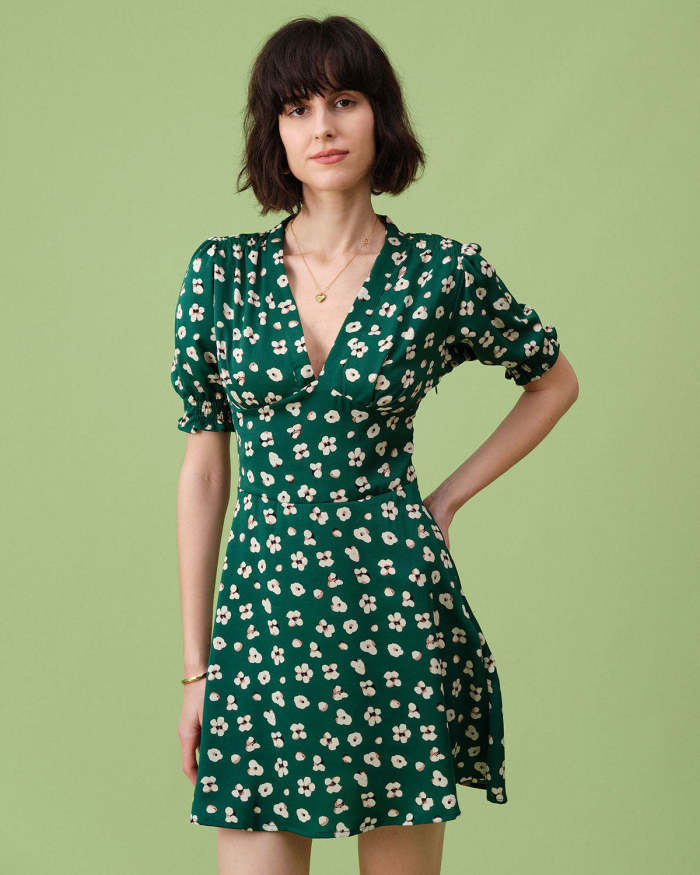 The Green V Neck Puff Sleeve Floral Mini Dress
