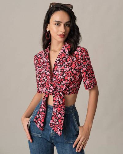 The Front Tie Floral Crop Blouse