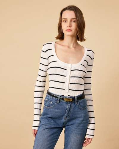 The Striped Slim-Fit Ribbed Knit Cardigan
