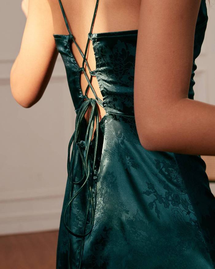 The Lace-Up Back Jacquard Slip Dress