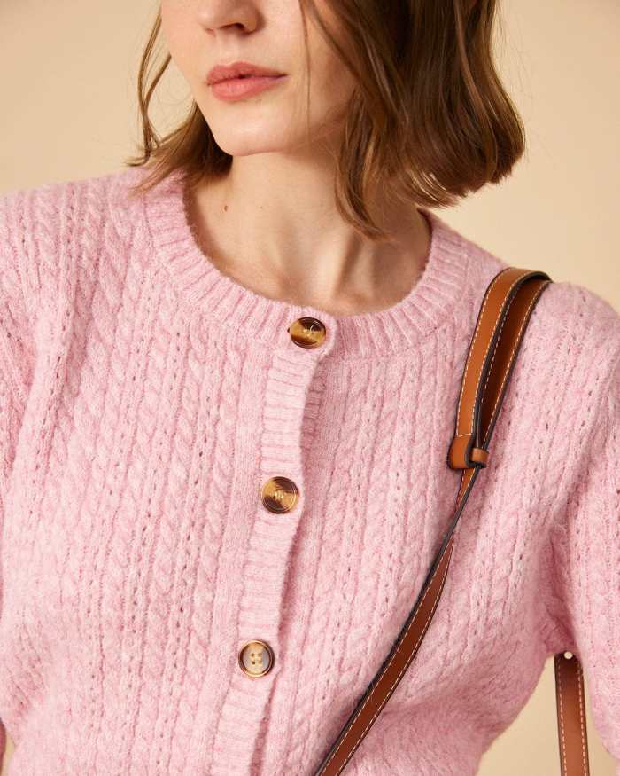 The Pink Round Neck Cable Knit Cardigan