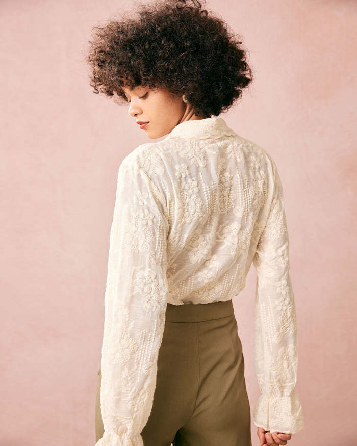 The Beige Lapel Embroidery Long Sleeve Blouse