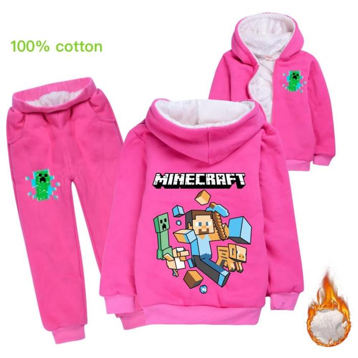 Girls Boys Minecraft Print Fleece Lined Cotton Hoodie Sweatpants Suit