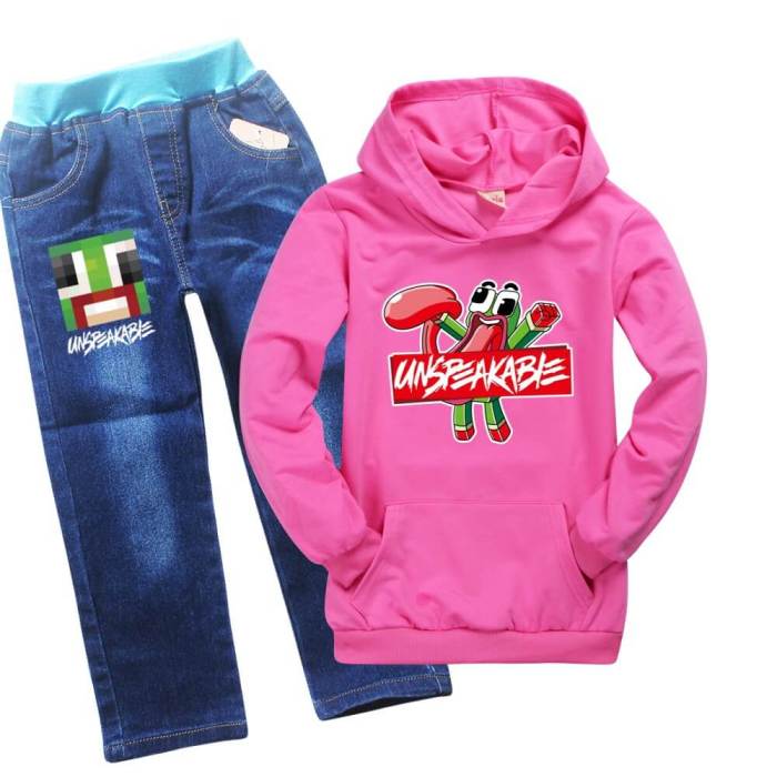 Boys Girls Minecraft Unspeak Print Kangaroo Pocket Hoodie Jeans Outfit