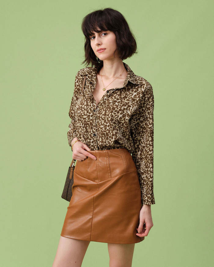 The Brown Lapel Long Sleeve Leopard Shirt